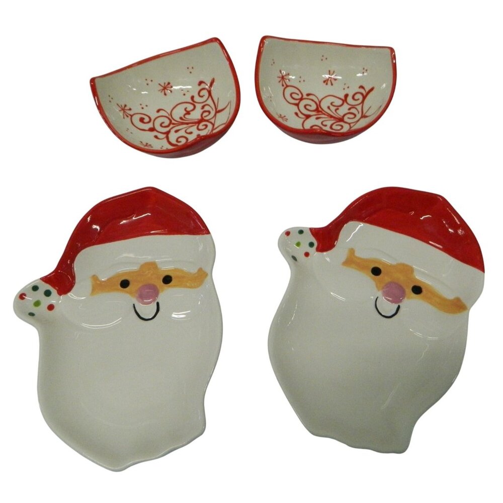 2 Santa Claus Plates & 2 Decorative Swirl Bowls For Holiday Tableware Ceramic